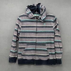 Hurley Full Zip Hoodie Youth/Teen Large Striped Jacket Gray Aqua White